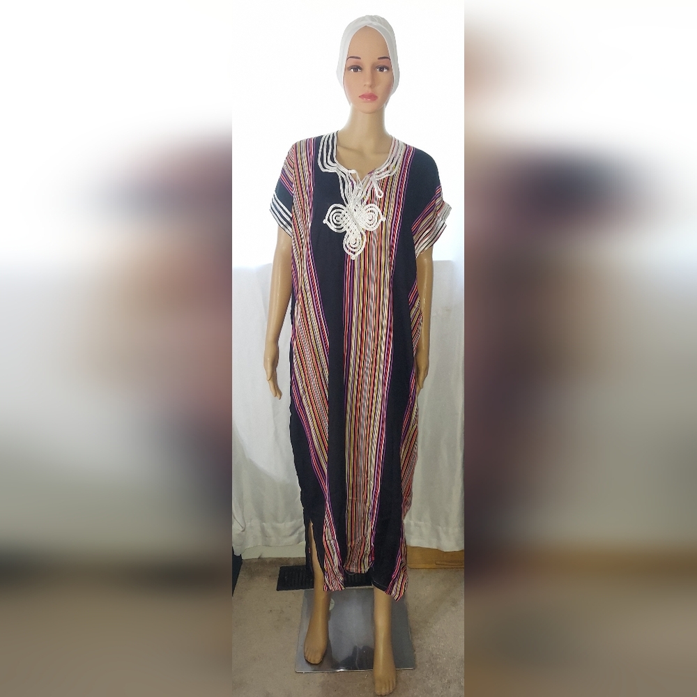 Striking Black Moroccan Qandora with Multicolor Lines – Size M Elegance